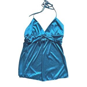Lipstick Vtg Y2K Size L Sparkly Halter Babydoll Going Out Top Dark Teal Baddie